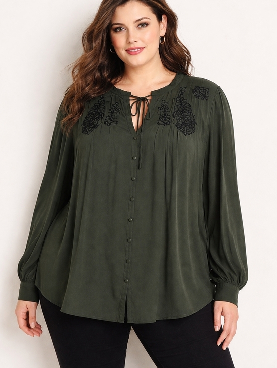 torrid Tops - torrid Dark Green Blouse with Black Embroidery Size 2
